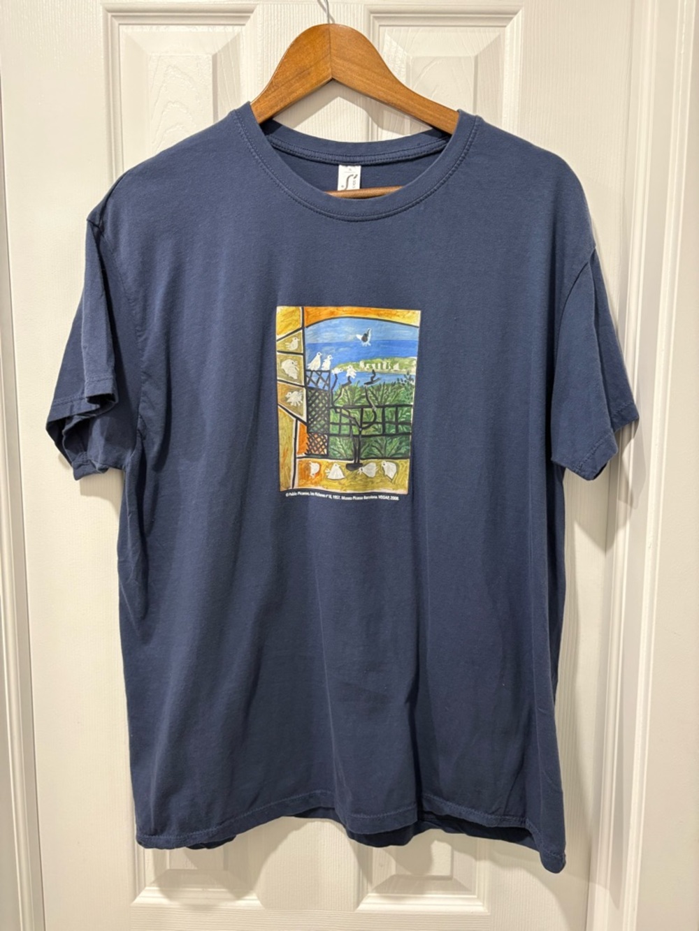 Vintage Pablo Picasso T-Shirt Y2K 2008 Los Pichones Art Size Large Blue Mens
